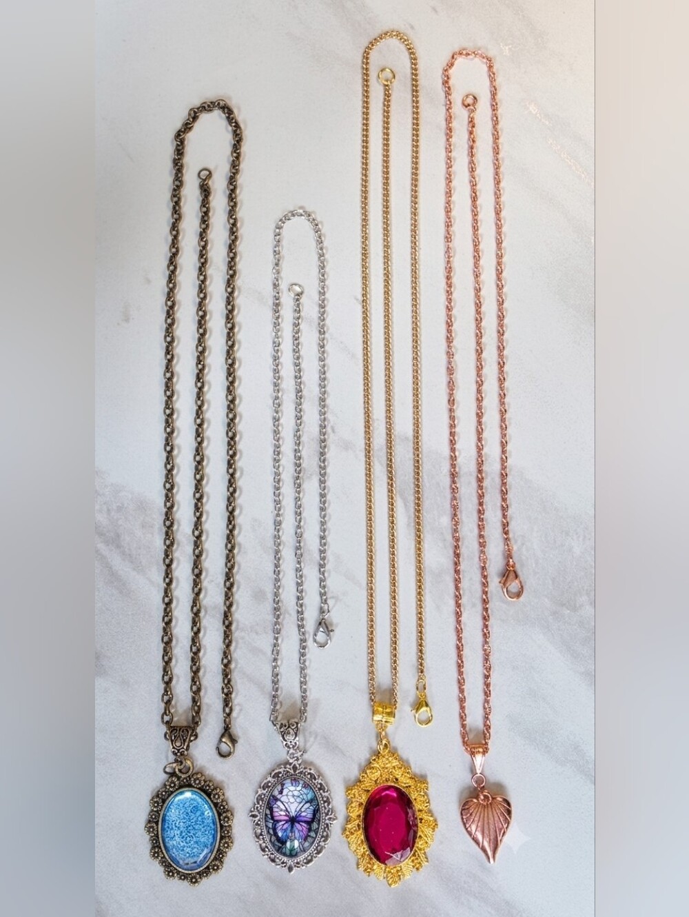 Set of 4 Long Pendant Necklaces Oval Crystal Butterfly, Stones Vintage Style